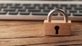 Wooden Padlock on Wooden Desk, Blurred Keyboard Background Data Security Concept, cybersecurity, data protection Royalty Free Stock Photo