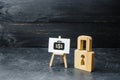 Wooden padlock and sign with the image of investment. Protection money concept. Safe and secure investment, insurance. Royalty Free Stock Photo