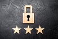 Wooden padlocks and three stars. Security, security of users and business. Internet security, antivirus