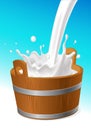 Wooden pail with milk pour on white - vector illustration