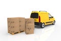 Wooden palette with cardboard boxes and yellow van on white background. 3D illustration. Royalty Free Stock Photo