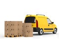 Wooden palette with cardboard boxes and yellow van on white background. 3D illustration. Royalty Free Stock Photo