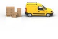 Wooden palette with cardboard boxes and yellow van on white background. 3D illustration. Royalty Free Stock Photo