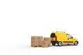 Wooden palette with cardboard boxes and yellow van on white background. 3D illustration. Royalty Free Stock Photo