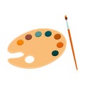 Wooden palette with paints and brush in paint. Supplies for school children and artists. Tools for drawing and