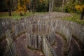 Wooden palisade labyrinth and maze in green garden in autumn day, Loucen romantic baroque castle, Czech republic