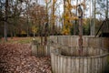 Wooden palisade labyrinth and maze in green garden in autumn day, Loucen romantic baroque castle, Czech republic