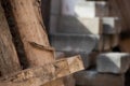 Wooden pallet on the background of a pile of paving stones