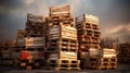 Wooden pallet stacked in empty warehouse closeup