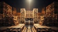 Wooden pallet stacked in empty warehouse closeup