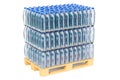 Wooden pallet with water bottles wrapped in the shrink film, 3D Royalty Free Stock Photo