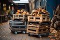 wooden pallets stacked on top of each other in front of a building