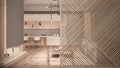 Wooden panel close-up, living room and kitchen in beige tones with wooden and concrete details. Minimalist zen interior design