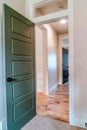 Wooden panelled hinged bedroom door with black doorknob and transom window