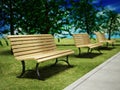 Wooden park benches in arow inside a park. 3D illustration