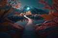 Wooden passage into autumn forest. Genrative ai illustration.