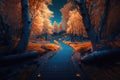 Wooden passage into autumn forest. Genrative ai illustration.
