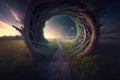 Wooden passage into summer meadow. Genrative ai illustration.