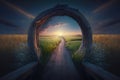 Wooden passage into summer meadow. Genrative ai illustration.