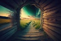 Wooden passage into summer meadow. Genrative ai illustration.