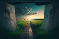 Wooden passage into summer meadow. Genrative ai illustration.