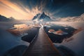 Wooden passage into winter mountains. Genrative ai illustration.