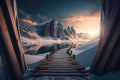 Wooden passage into winter mountains. Genrative ai illustration.