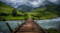 Wooden path along a tranquil river, flanked by lush forests at dusk.