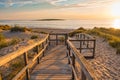 Wooden path at Baltic sea over sand dunes with ocean view, sunset summer evening Royalty Free Stock Photo