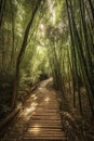 Wooden path through the bamboo forest, Generative AI Royalty Free Stock Photo