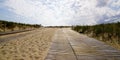 Wooden path coast access sand beach entrance to ocean atlantic sea in header panoramic Royalty Free Stock Photo