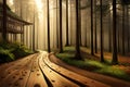 Wooden path in a fantasy forest with a wooden gazebo Royalty Free Stock Photo