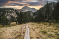 Wooden path through the field to high mountain near the forest in dramatic sunset light in autumn Royalty Free Stock Photo