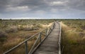 Wooden path in flat land to horizon Royalty Free Stock Photo