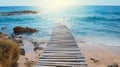 Wooden path at idealistic landscape over sand dunes with ocean view, sunset summer