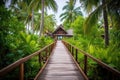a wooden path leading to a beach resort amidst lush greenery