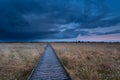 Wooden path on marsh at storm during sunset
