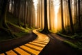 A wooden path in the middle of a forest, Walking through some huge trees