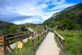 Boardwalk, planked path also possible for wheelchairs in National Park Tierra del Fuego in Patagonia, Argentina Royalty Free Stock Photo