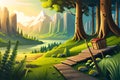 Wooden path to the green forest jungle in the mountain cartoon drawing story background