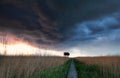 Wooden path to observation tower during storm and shower Royalty Free Stock Photo