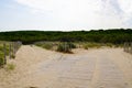 Wooden pathway in dune access to beach sea in lege Cap-Ferret coast Atlantic ocean in france Royalty Free Stock Photo