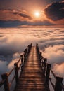 Wooden pathway on the sky, above the clouds, sunset background. Royalty Free Stock Photo