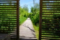 Wooden pathway in wood planks in forest park walkway in la teste de buch france