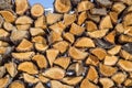 Wooden pattern. Stack of firewood at blue sky background