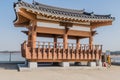 Wooden pavilion in alcove of concrete pie Royalty Free Stock Photo