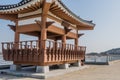 Wooden pavilion in alcove of concrete pie Royalty Free Stock Photo