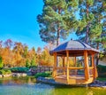 The wooden pavilion and bridge on the lake in park