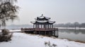 Wooden pavilion on the lake in winter, Beijing, China