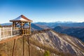 Wooden pavilion with scenery mountains view, Caucasus.